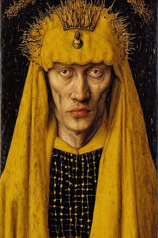 Image similar to portrait of hastur king in yellow, oil painting by jan van eyck, northern renaissance art, oil on canvas, wet - on - wet technique, realistic, expressive emotions, intricate textures, illusionistic detail