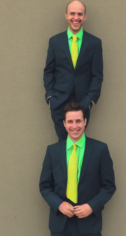 Prompt: Matthew Hoffman in a suit is smiling at the camera, yellow and green light