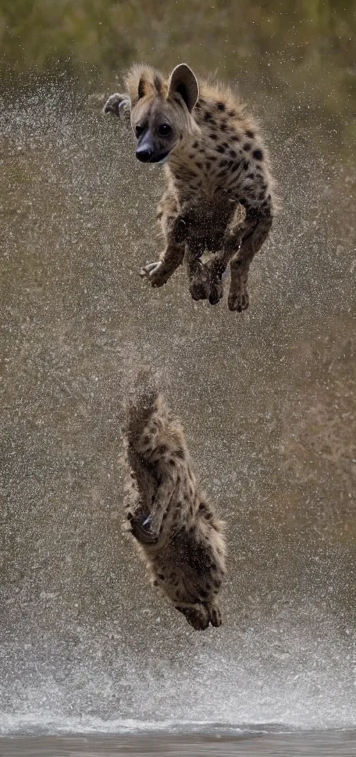 Prompt: a hyena jumping over a river