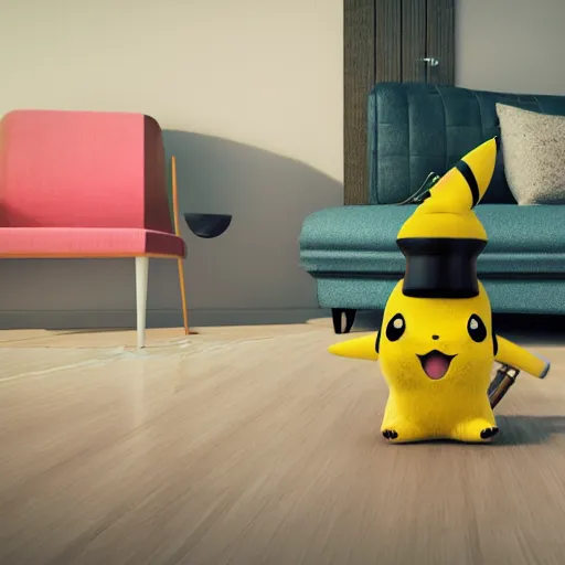 Image similar to Pikachu taking a bong rip while sitting on the couch, unreal engine 5, octane render, cgsociety, living room interior, soft lighting, ray tracing