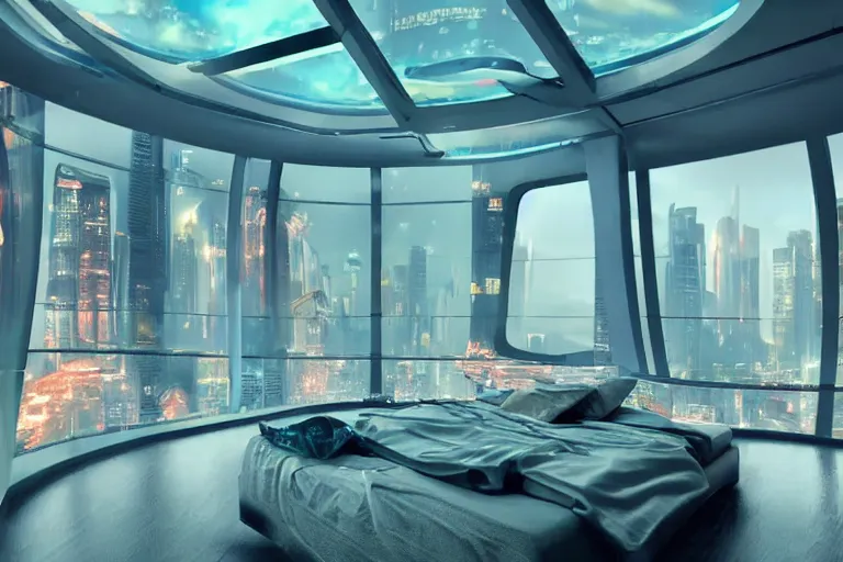 a futuristic bedroom with curved ceiling high windows | Stable Diffusion