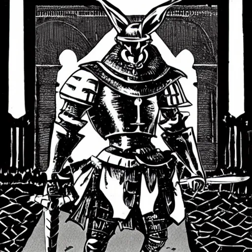 Image similar to A rabbit knight. Dark Fantasy, Film Noir, Black and White. High Contrast, Mike Mignola, D&D, OSR