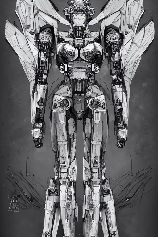 Prompt: very symmetrical!! full body illustrations of mecha, pen and ink, moderately detailed, concept art, wings spread, cyborg wing, artstation, deviantart, pinterest