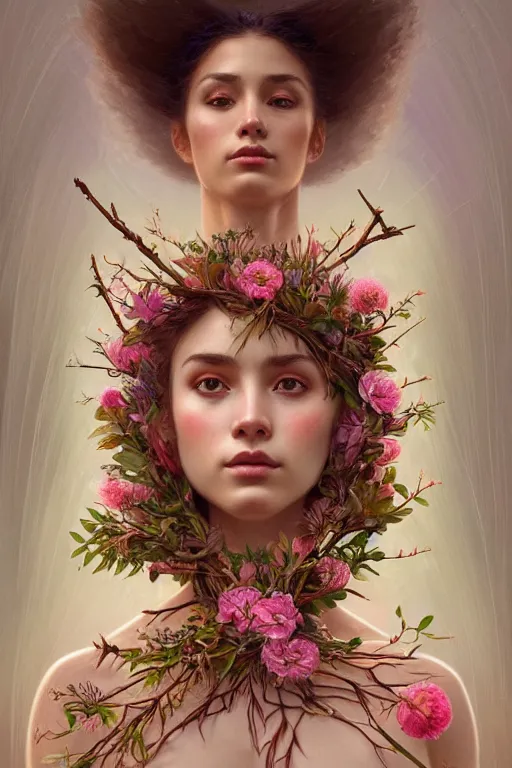 Image similar to symmetry!! full body portrait!!!! of a beautiful!!!! girl, pretty face, decorated with twigs and flowers, intricate, elegant, highly detailed, digital painting, artstation, concept art, smooth, sharp focus, illustration, art by artgerm and greg rutkowski and alphonse mucha, 8 k