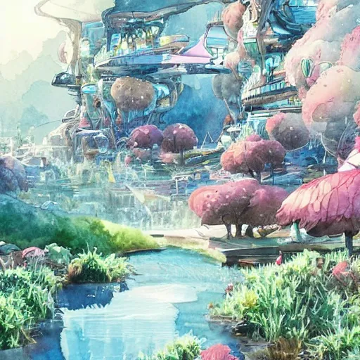 Image similar to Beautiful happy picturesque charming futuristic sci-fi town in harmony with nature. Beautiful light. Water and plants. Nice colour scheme, soft warm colour. Beautiful detailed watercolor by Lurid. (2022)