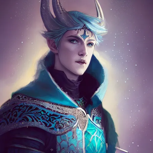 Prompt: half length portrait of a handsome male snow elf in a turquoise cape and silver ornate armour as an archer, albino skin, pointy ears, winter vibes, perfect face, elegant, very coherent symmetrical artwork, atmospheric lighting, rule of thirds, by wenjun lin, krenz cushart, charlie bowater, trending on artstation