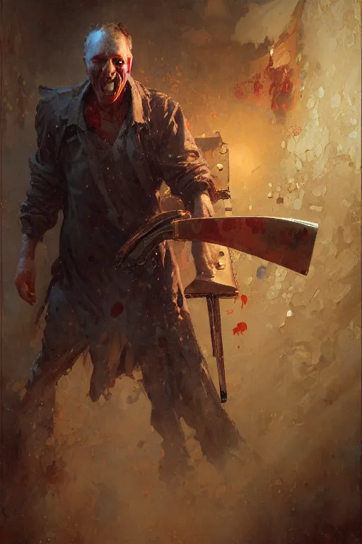 Image similar to crazy half demon middle aged man in a butchers apron holding a scalpel portrait dnd, painting by gaston bussiere, craig mullins, greg rutkowski, yoji shinkawa