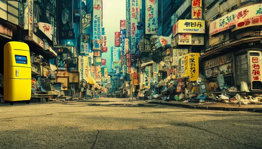 Image similar to incredible wide screenshot, ultrawide, simple watercolor, rough paper texture, anime movie scene, backlit distant shot of robot cowboy running away from the troubles of life, side view, yellow parasol in deserted dusty shinjuku junk town, broken vending machines