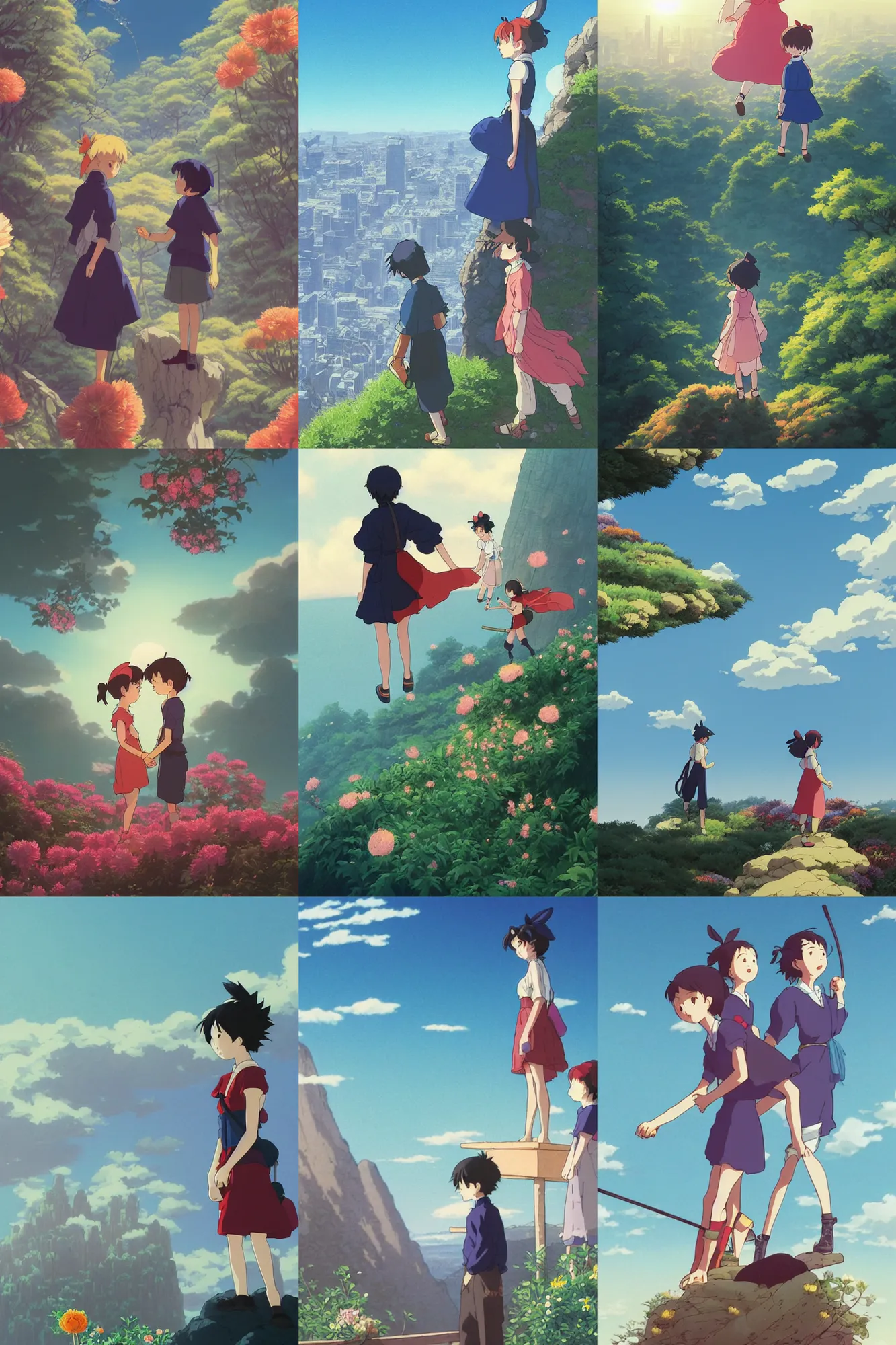 Prompt: atop a skyscraper a cinematic boy girl traditional romance moment of a group of university friends hiking wearing boho clothing and peonies, standing silhouette against the sun, Kikis Delivery Service, Ponyo Hayao Mitazaki, 2008 Studio Ghibli Minimal Movie Posters, fantasy magic, art masterpiece by Greg Rutkowski, Gaston Bussiere, craig mullins, #wip #illustration #illustradraw #illustrator #vector #colors #colorschemes