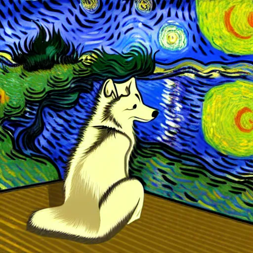 Image similar to view from behind of fluffy baby grey wolf sitting on the shore of a pond, looking out at a sunset, award winning illustration by vincent van gogh