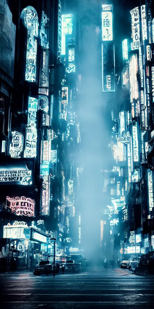 Image similar to city streets, neon signs, giant screens, eerie fog, blade runner, ex machina