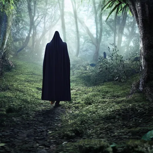 Prompt: a man wearing a long cloak and hood, walking through a lush jungle, realistic octane render, ray traced, god rays, extremely high detail