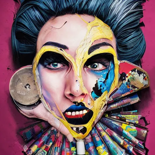 Prompt: a painting of a woman's face with torn-up superhero comics on her face, a surrealist painting, behance contest winner, pop surrealism, surrealist, detailed painting, poster art