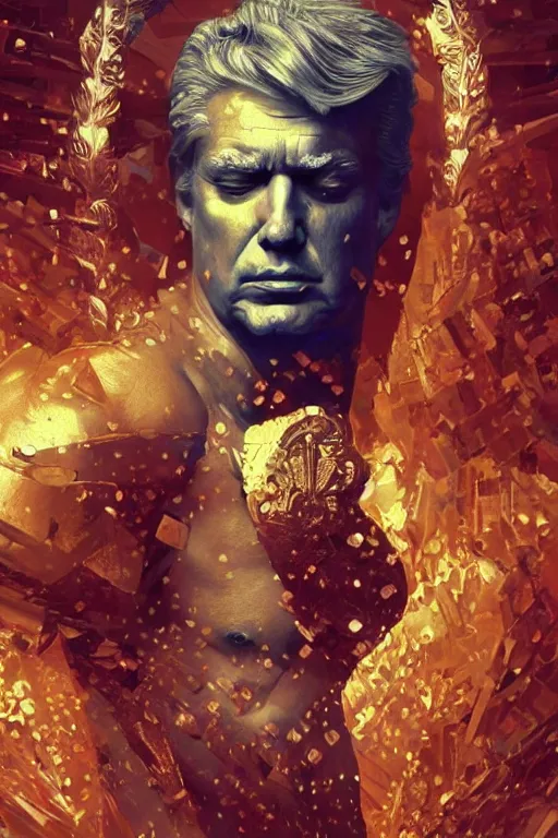 Image similar to President Donald J Trump as a Greek god, detailed face, gorgeous, amazing, muscular, fit, very muscular male body, Caesar victorious, proud Emperor , cyberpunk, intricate, highly detailed, digital painting by beeple, glitched, artstation, concept art, sharp focus, illustration, art by greg rutkowski beeple and alphonse mucha