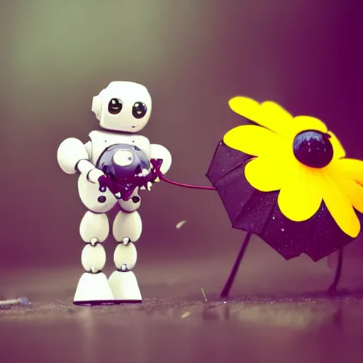 Prompt: a cute tiny robot holds a big flower up like an umbrella, a ladybug is beside the robot, raining, award winning macro photography, kodachrome, dramatic lighting