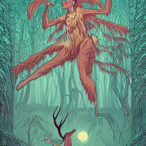 Image similar to illustration of a magical tribal sorceress with a huge majestic stag in a forest by kilian eng, katsuhiro otomo and jean giraud moebius