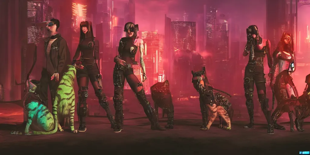 Prompt: cyberpunk cat gang posing, fallout 5, studio lighting, deep colors, apocalyptic setting, sneak peek into the future