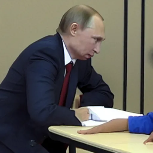 Prompt: a still of vladimir putin being scolded by a teacher at school