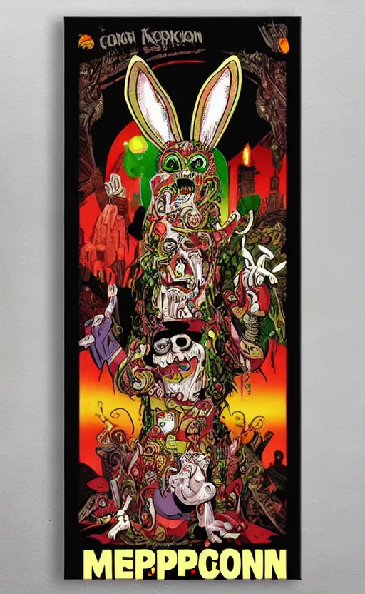 Image similar to 8 k cursed with necronomicon horrorcore cel animation poster depicting easter bunny, intricate faces, metropolis, 1 9 5 0 s movie poster, post - processing, vector art