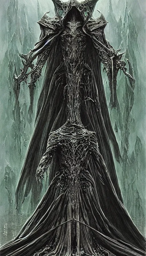 Image similar to Lord of the Rings themed painting of symmetrical torso black and emerald Ringwraith Nazgul armor with extended evil armored hands concept, intricate artwork by H.R. Giger, Johnatan Wayshak, Zdizslaw Beksinski, Ayami Kojima, Amano, Karol Bak, Moebius, and Mark Brooks, Neo-Gothic, gothic, rich deep colors, art by Takato Yamamoto, masterpiece, face by Artgerm, very coherent artwork, cinematic, hyper realism, high detail, octane render, unreal engine, 8k, High contrast, golden ratio, trending on cgsociety