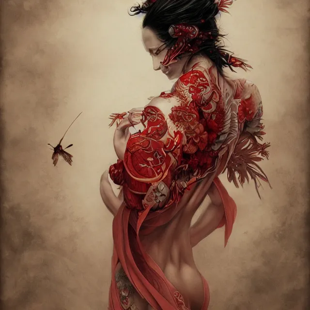 Image similar to ultra realistic illustration, beautiful ethereal woman dressed in red kimono, backview, tattoos, in the style of peter mohrbacher by weta digital and beth cavener, high face symmetry, intricate, masterpiece, award winning, high face symmetry, intricate