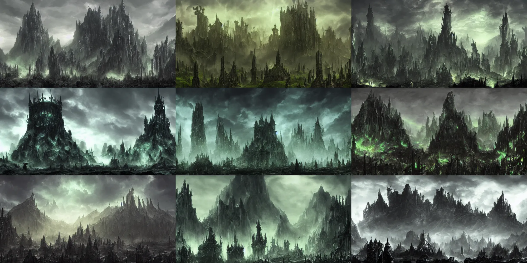 Prompt: Black citadel filled with undead, Giant black tower with large crown on top set in the underworld. Green mist everywhere and sharp mountains, God rays from above, concept art, movie screencap, artstation, 4k