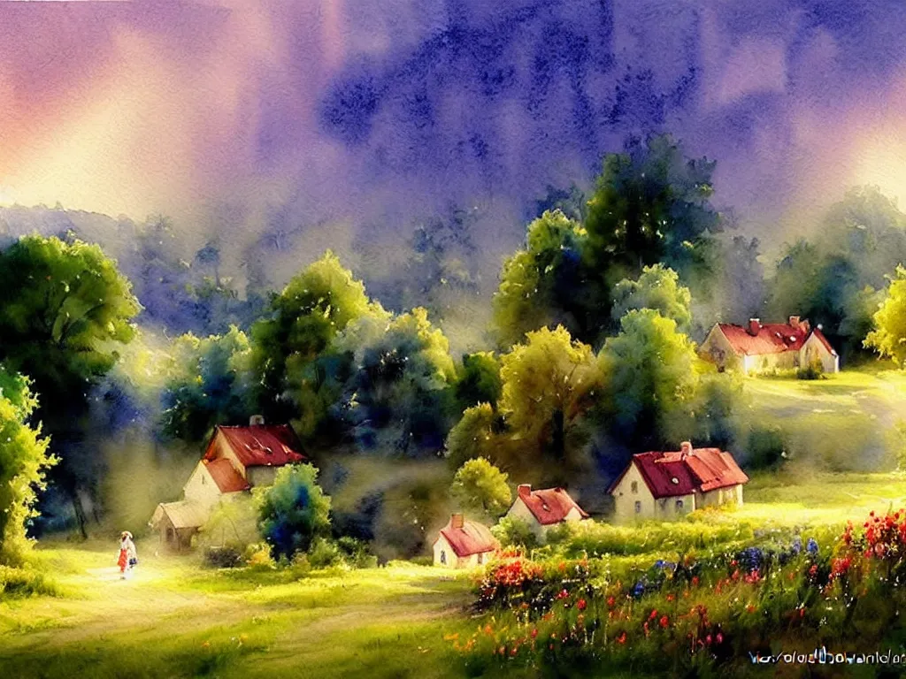 Prompt: a beautiful night in the swedish countryside, watercolor painting by vladimir volegov