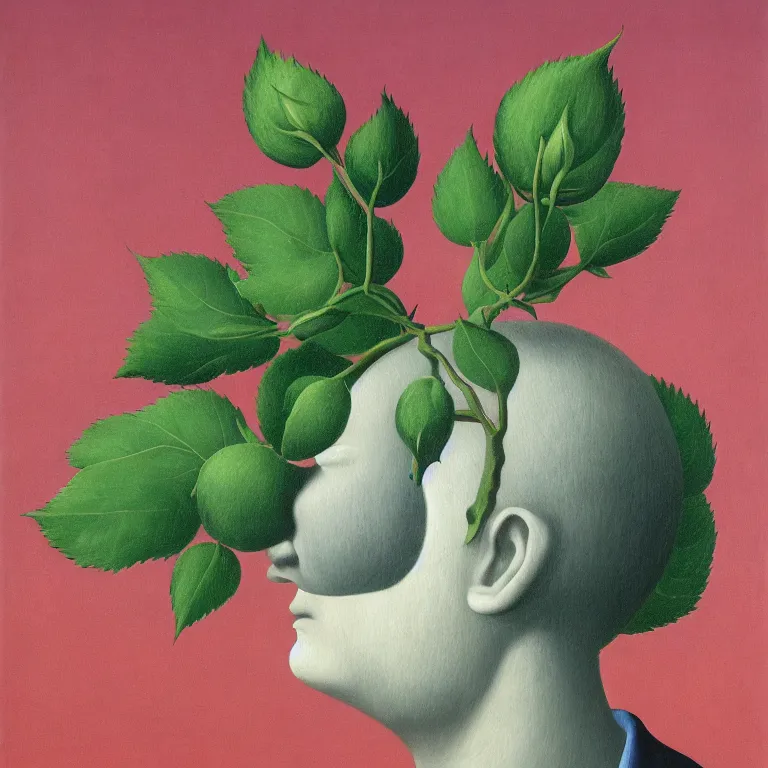 Prompt: portrait of a faceless rose flower - head man by rene magritte, detailed painting, distance, centered, hd, hq, high resolution, high detail, 4 k, 8 k