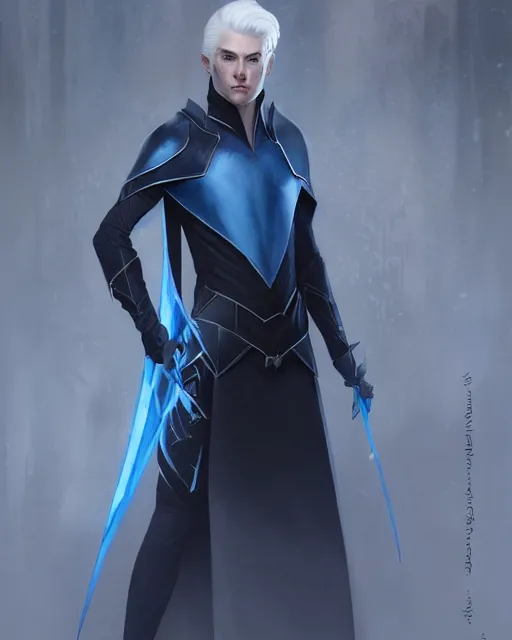 Image similar to character portrait of a slender young half elven man with white hair piercing blue eyes and pale blue skin, wearing sleek pearlescent black armor, by greg rutkowski and mark brookes and jim burns and tom bagshaw and magali villeneuve, trending on artstation