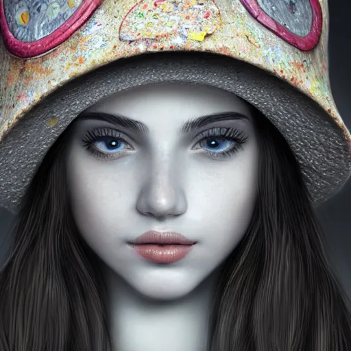 Image similar to highly detailed close up portrait of a girl in a mushroom hat, studio lightning, bright colors, intricate, masterpiece, photorealistic, hiperrealistic, sharp focus, high contrast, Artstation HQ, DeviantArt trending, 4k UHD, Unreal Engine 5