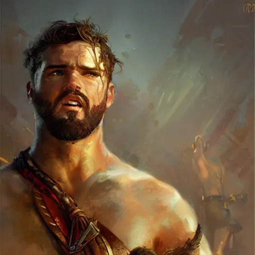 Prompt: young gladiator man with short sandy hair and a trim beard, big forehead, dopey expression, athletic, fantasy character portrait by greg rutkowski, gaston bussiere, craig mullins