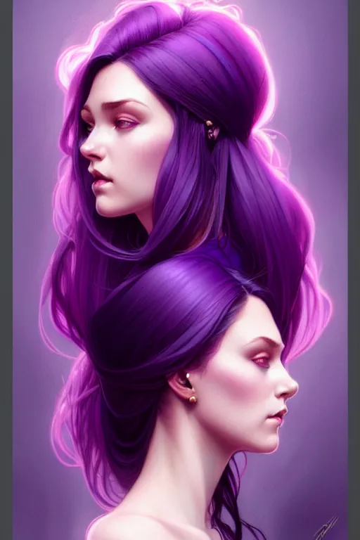 Image similar to Purple hair, creative colouring Portrait of woman, fashion, intricate, elegant, highly detailed, digital painting, artstation, concept art, smooth, sharp focus, illustration, art by artgerm and greg rutkowski and alphonse mucha