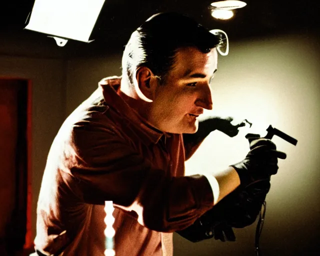 Prompt: bloody ted cruz holding knife with searchlight overhead, shot on technicolour film, action shot
