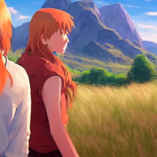 Prompt: two friends, blonde hair, red hair, fields in the background, mountains, highly detailed, artstation, by makoto shinkai