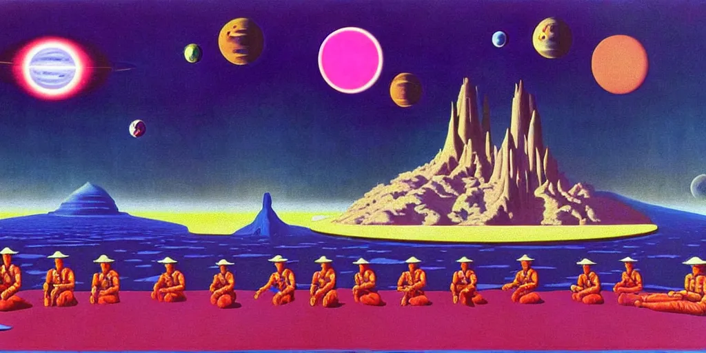 Image similar to surreal painting by chesley bonestell!!, twelve astronauts sitting by the river with a big holiday cake + psychedelic vegetation + purple, pink, blue + planets and stars + mystical fog, vintage sci - fi style of the 5 0 s, rule of the third!!!!, line graphics, 8 k, super detail, high quality