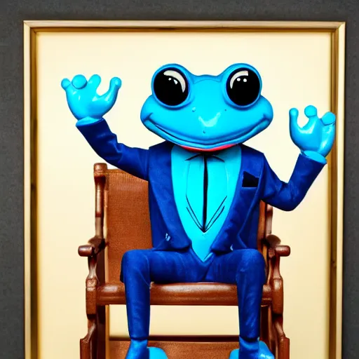 Image similar to professional portrait of a happy anthropomorphic blue frog wearing a suit crossing his arms sitting in an office chair, very intricate, very detailed,