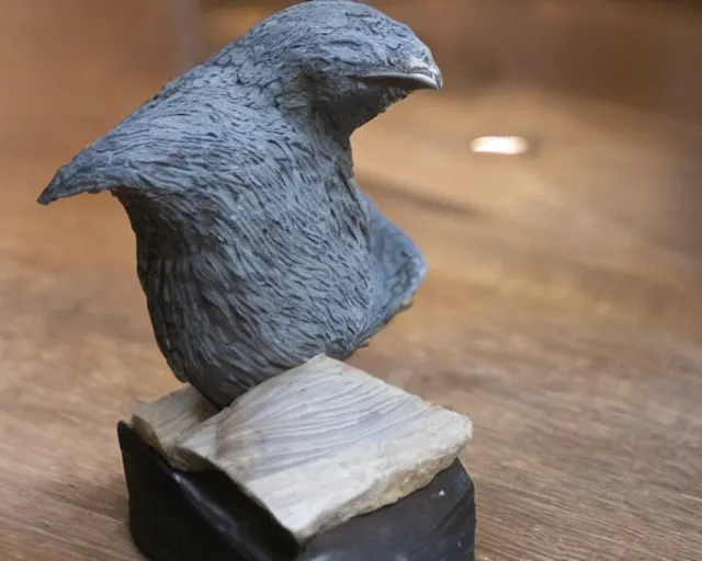 Prompt: a rock table that's holding an ancient effigy of a raven clay sculpture, photograph, zoomed out, trending on tumblr