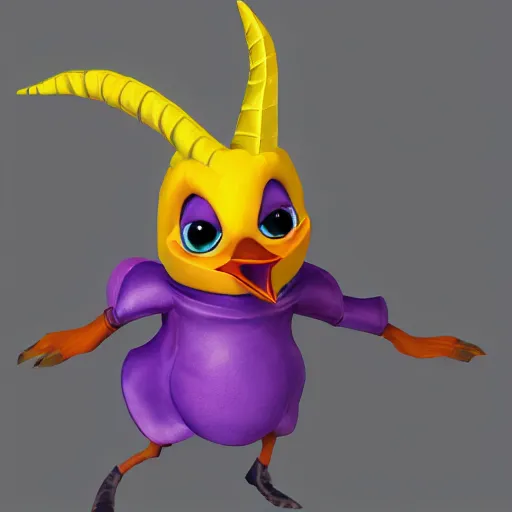 Prompt: character 3 d concept art page of a cute wacky humanoid goose with a coat as an enemy in spyro the dragon video game concept art, spyro trilogy remaster concept art, playstation 1 era graphics, activision blizzard style, 4 k resolution concept art