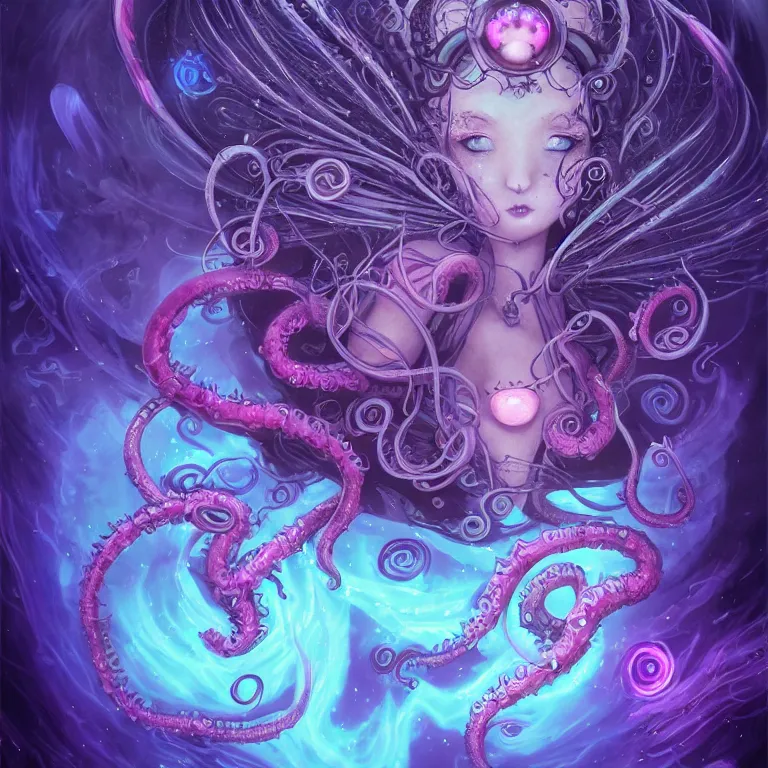 Image similar to A full shot of a dark fairy from the Abyss. Symmetrical. Underwater. Lit from above. Thick Atmosphere. Sailor Moon. Tentacles. Cute. Kawaii. Chibi. Neon glow. Bioluminescence. By Lisa Frank and HR Giger and Ross Tran. Key Art. Fantasy Illustration. award winning, Artstation, intricate details, realistic, Hyperdetailed, 8k resolution. Photoreal. Octane Render.