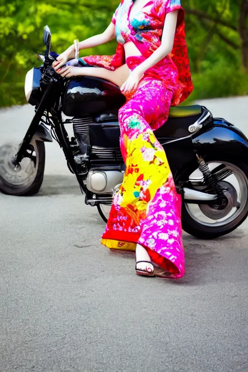 Image similar to full - length photo, young woman, riding a motorcycle, wearing japanese kimono, high heels, 4 k, colourful