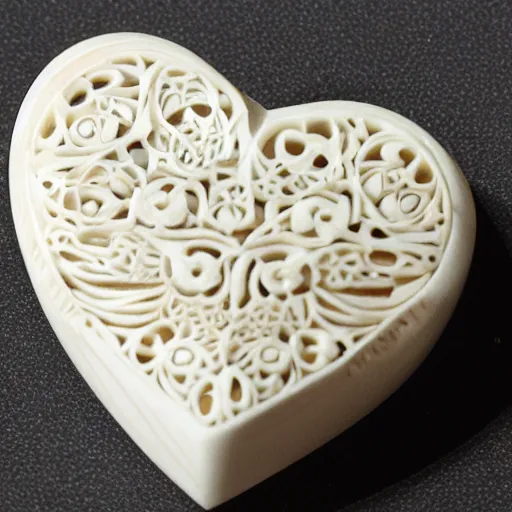 Image similar to intricate heart delicately carved into block of ivory, c anon 5 d 5 0 mm lens