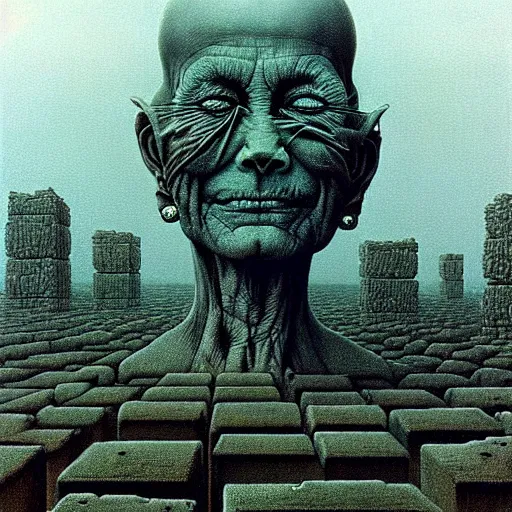 Image similar to highly detailed dystopian surreal painting of eerie grinning head statues and buildings by zdzisław beksinski