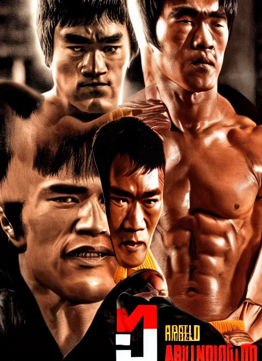 Image similar to Film poster Arnold Schwarzenegger VS Bruce lee , faces look at each other, detailed and realistic, 4k, filmic render