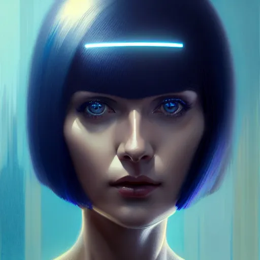 Image similar to woman with dark bobcut haircut with friendly blue eyes and slim features looking askance, cyberpunk bionics, retro - futurist style, intricate, elegant gleaming jewelry, angelic halo, highly detailed, digital painting, artstation, concept art, smooth, sharp focus, illustration, art by wlop, mars ravelo and greg rutkowski