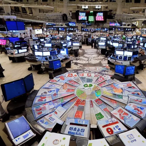 Image similar to Traders are throwing giant dices on stock market trading floor, journalism photo, award-winning