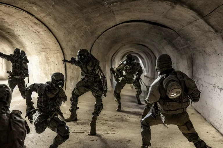 Image similar to battle between human soldiers and grey aliens in a dark underground tunnel