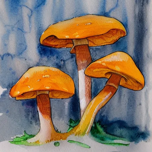 Image similar to water color and pen, high resolution, detailed, trending on artstation, chanterelle mushrooms