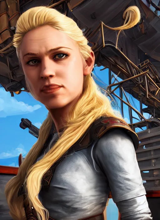 Image similar to An epic fantasy comic book style portrait painting of tall blonde haired female sky-pirate with a serious face and a pony tail in front of a metal gangplank, unreal 5, DAZ, hyperrealistic, octane render, cosplay, RPG portrait, dynamic lighting