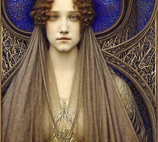 Image similar to detailed realistic beautiful young medieval queen face portrait by jean delville, gustave dore and marco mazzoni, art nouveau, symbolist, visionary, gothic, pre - raphaelite. horizontal symmetry