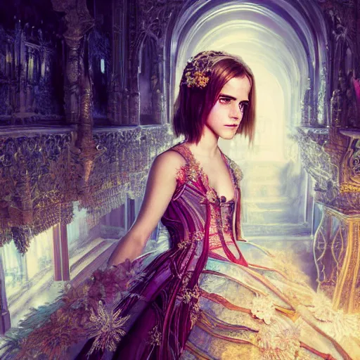 Image similar to emma watson as a beautiful young girl in intricate clothing by ross tran, walking in a castle painted by sana takeda, rtx reflections, very high intricate details, painting, digital anime art, medium shot, mid - shot, composition by ilya kuvshinov, lighting by greg rutkowski